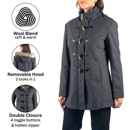 Alpine Swiss Duffy Womens Wool Blend Toggle Coat Removable Faux